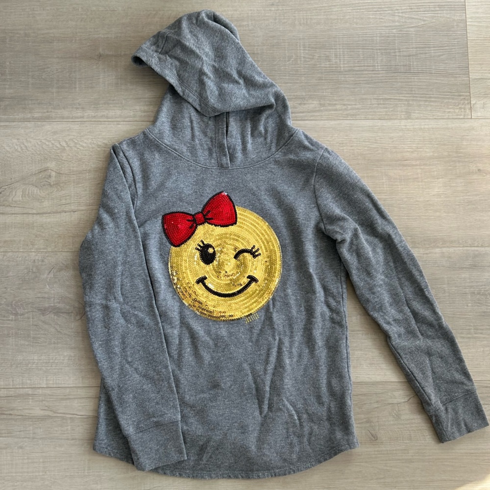 Justice Gray Sequin Smiley Hoodie Size 12